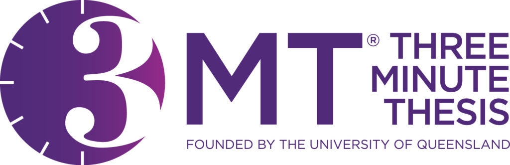 The 3MT logo of a white three inside a purple clock face with the words in purple next to it of 'THREE MINUTE THESIS'