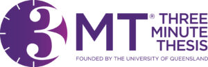 The 3MT logo of a white three inside a purple clock face with the words in purple next to it of 'THREE MINUTE THESIS'
