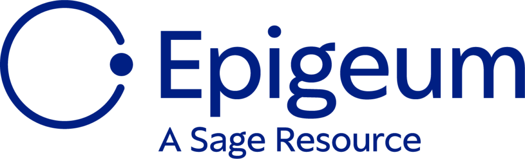 The word 'Epigeum' in dark blue next to a circle outline with another circle at the end of it in blue, above the words also in blue, 'A Sage Resource.'