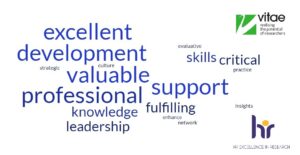 A word cloud relating to the HR Excellence in Research Award, with the Vitae and HR Excellence logos to the right hand side.