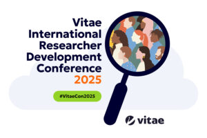 The VitaeCon2025 logo of people in a magnifying glass with a blue cloud behind it. The words Vitae International Researcher Development Conference are next to it, with the Vitae logo below.