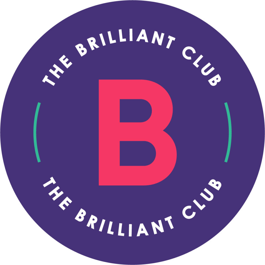 A pink capital 'B' in a purple circle with the words in white around the B of 'THE BRILLIANT CLUB.'