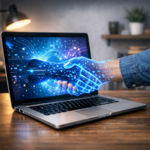 A robotic hand reaches out through a laptop screen and shakes the hand of a human. AI generated image.