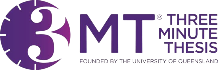The 3MT logo of a white three inside a purple clock face with the words in purple next to it of 'THREE MINUTE THESIS'