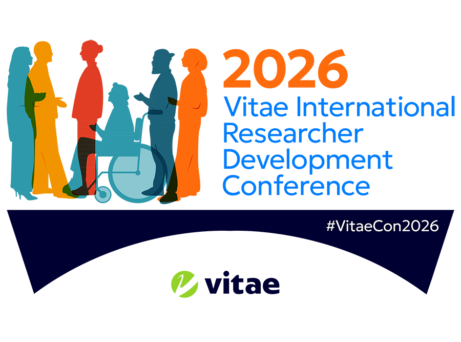 A group of people silhouetted in different colours, next to the words in orange and blue 2026 Vitae International Researcher Development Conference, standing on a dark navy bridge with the Vitae logo and the words in white #VitaeCon2026.