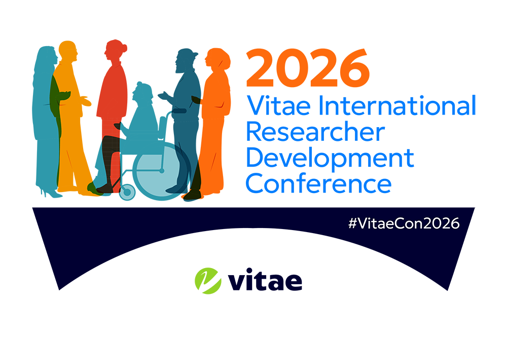 A group of people silhouetted in different colours, next to the words in orange and blue 2026 Vitae International Researcher Development Conference, standing on a dark navy bridge with the Vitae logo and the words in white #VitaeCon2026.