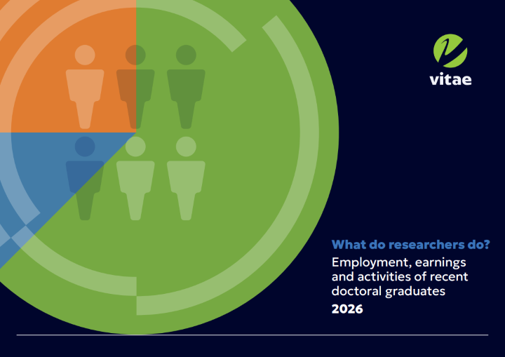 A green, orange and blue circle with a dark naby background and text in white with the Vitae logo - report page for What do researchers do? 2026