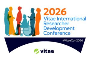 A group of people silhouetted in different colours, next to the words in orange and blue 2026 Vitae International Researcher Development Conference, standing on a dark navy bridge with the Vitae logo and the words in white #VitaeCon2026.