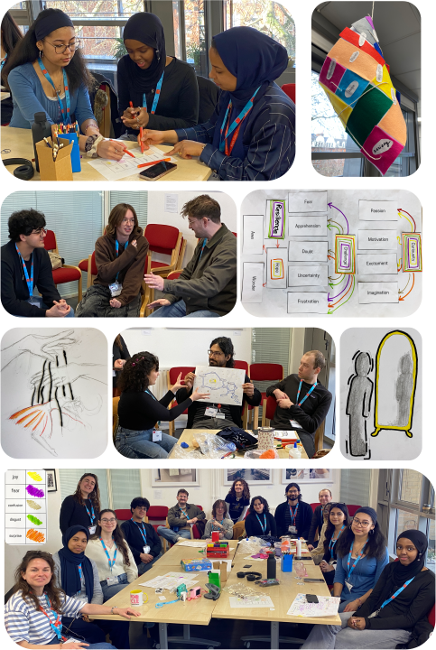 A compilation of images of people using drawings and materials in a workshop setting. Image from Leigh Wilson. 