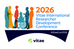 A group of people silhouetted in different colours, next to the words in orange and blue 2026 Vitae International Researcher Development Conference, standing on a dark navy bridge with the Vitae logo and the words in white #VitaeCon2026.