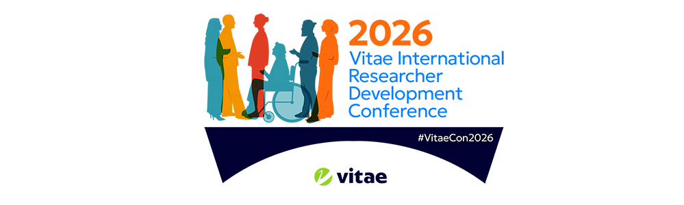 A group of people silhouetted in different colours, next to the words in orange and blue 2026 Vitae International Researcher Development Conference, standing on a dark navy bridge with the Vitae logo and the words in white #VitaeCon2026.