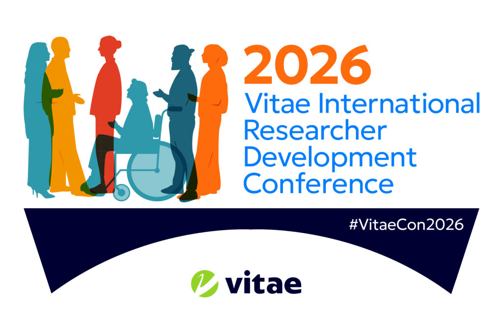 A group of people silhouetted in different colours, next to the words in orange and blue 2026 Vitae International Researcher Development Conference, standing on a dark navy bridge with the Vitae logo and the words in white #VitaeCon2026.