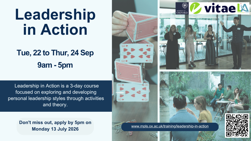 A group of photos on the right with dark text 'Leadership in Action' on the left hand side with other text. 