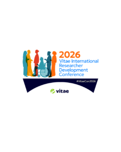A group of people silhouetted in different colours, next to the words in orange and blue 2026 Vitae International Researcher Development Conference, standing on a dark navy bridge with the Vitae logo and the words in white #VitaeCon2026.