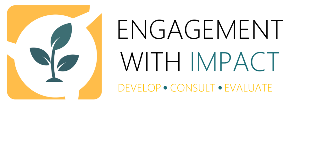The words 'Engagement with Impact' in black with 'Impact' in teal blue, with the words 'Develop, Consult, Evaluate' in light orange, with an image to the left of a dark green plant stem in a white circle with white shoots coming off of it, on a cadmium orange background.