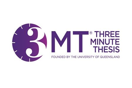 The 3MT logo of a white three inside a purple clock face with the words in purple next to it of 'THREE MINUTE THESIS'