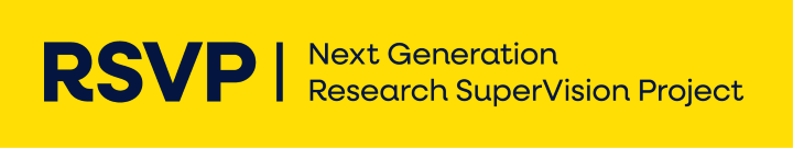 'RSVP' in capitals in dark blue next to the words also in dark blue, 'Next Generation Research SuperVision Project' on a yellow background.