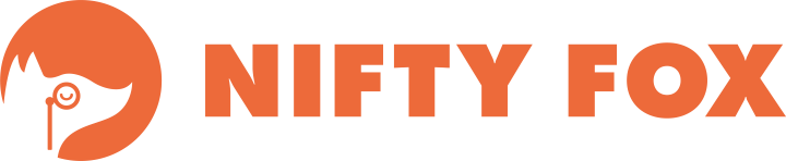 The words 'NIFTY FOX' in capitals in orange with the cartoon profile of a fox wearing a monocle in white outlined against an orange dot.