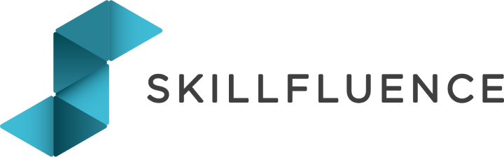 An 'S' shaped set of blue triangles with the word 'SKILLFLUENCE' in black running next to it.